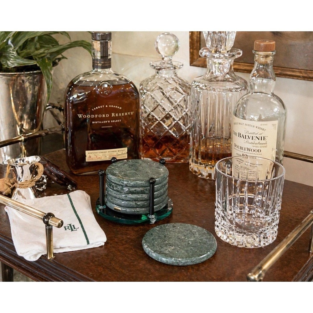 Y2K Green Italian Marble Coasters Set 6 Handmade  Luxury Bar, Cork Bottom